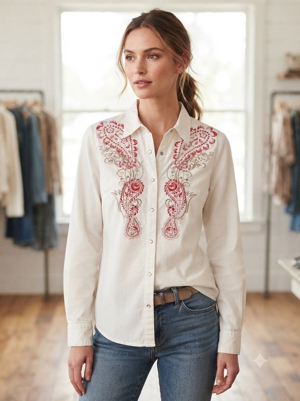 Roper Cream Button-Down Shirt with Red Embroidery